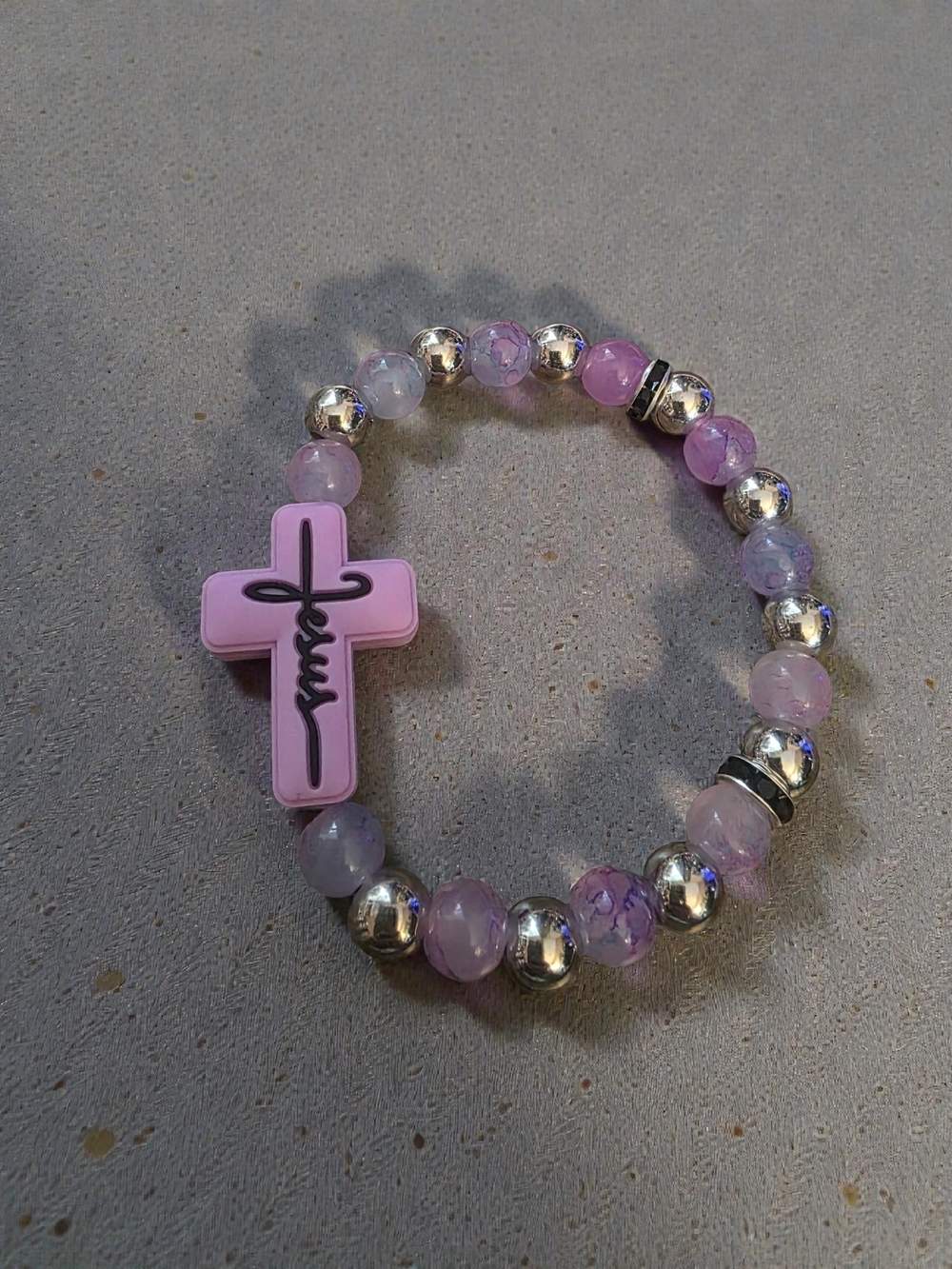 Handmade Purple Cracked Glass & Silver Tone Beaded Cross Bracelet
